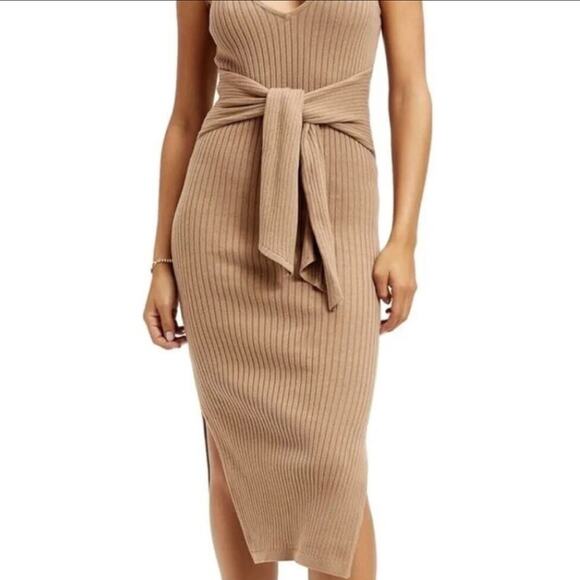 Good American Sleeveless NWT Belted Body Dress Ribbed Knit Midi Taupe Size Small - Picture 4 of 8